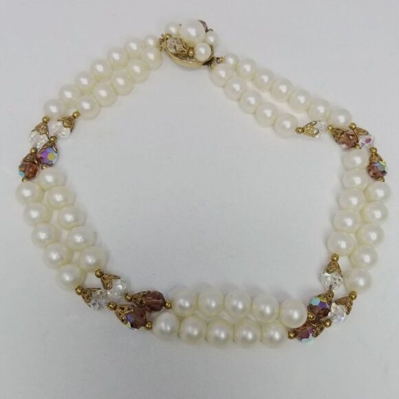 Vintage Two Stand Beaded Faux Pearl and AB Necklace, Retro 60s Style, Estate - Picture 2 of 4